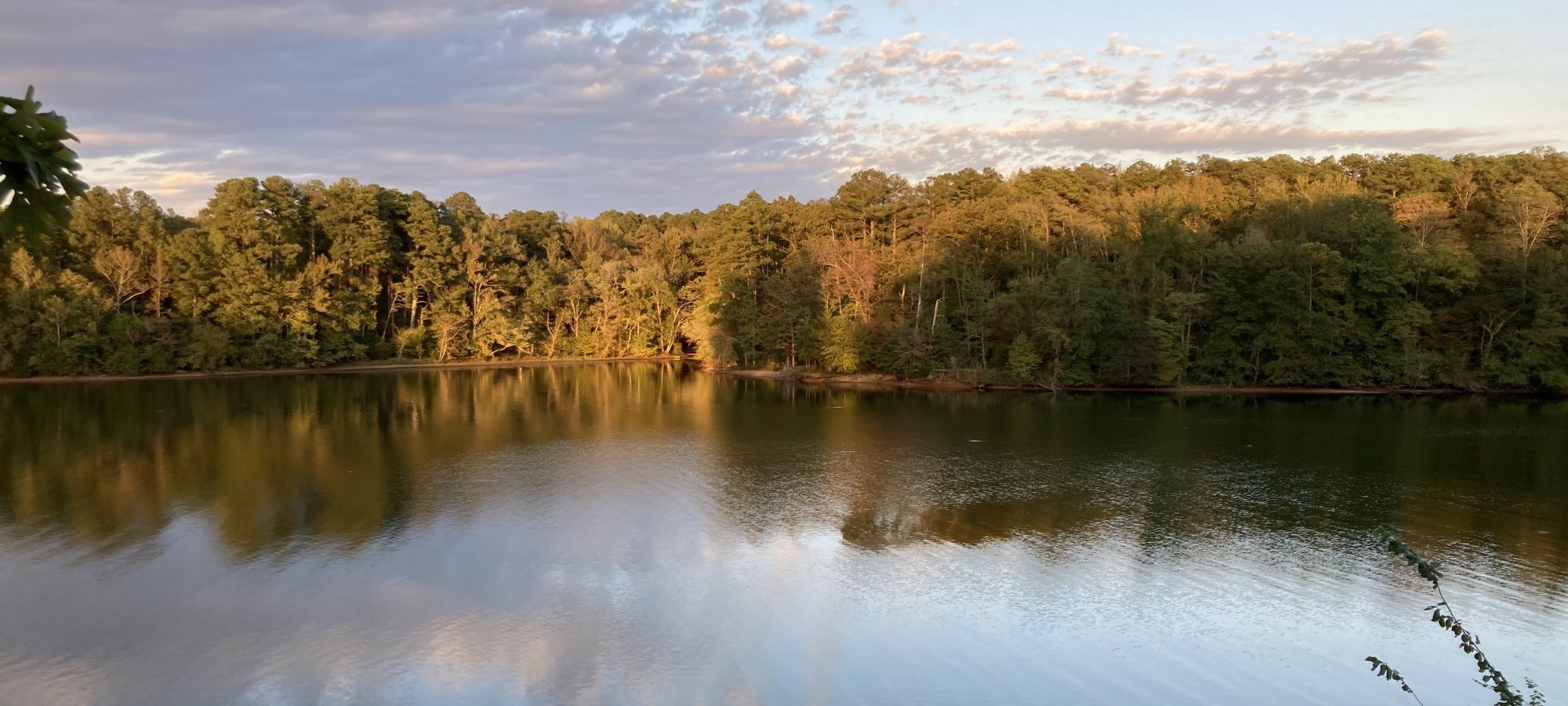 Sunset reflecting on a calm lake with surrounding lush green trees.