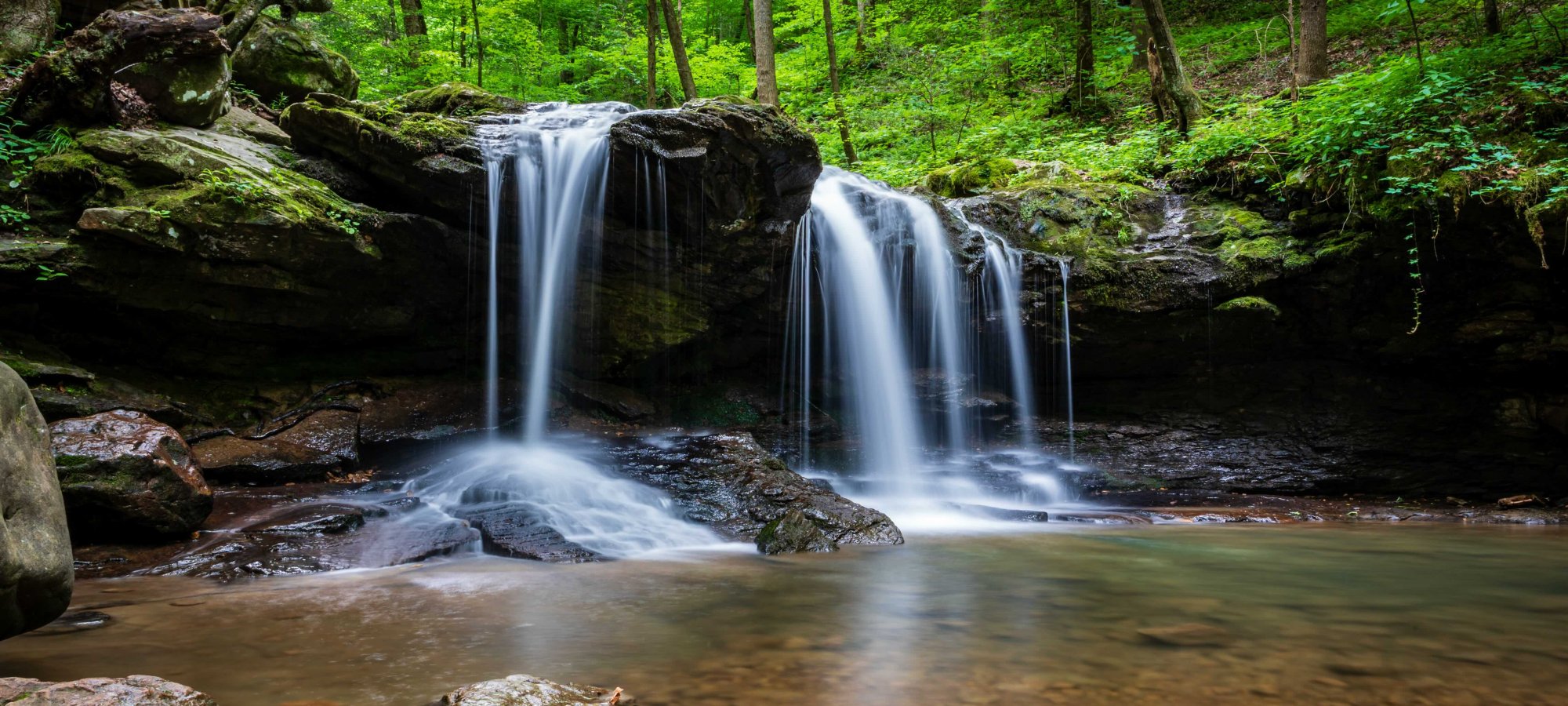Serene waterfall in a lush green forest with moss-covered rocks.