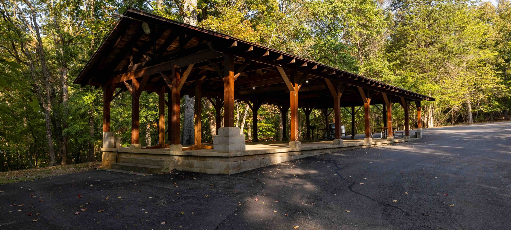 Wooden pavilion in a forest with a paved area on a sunny day.