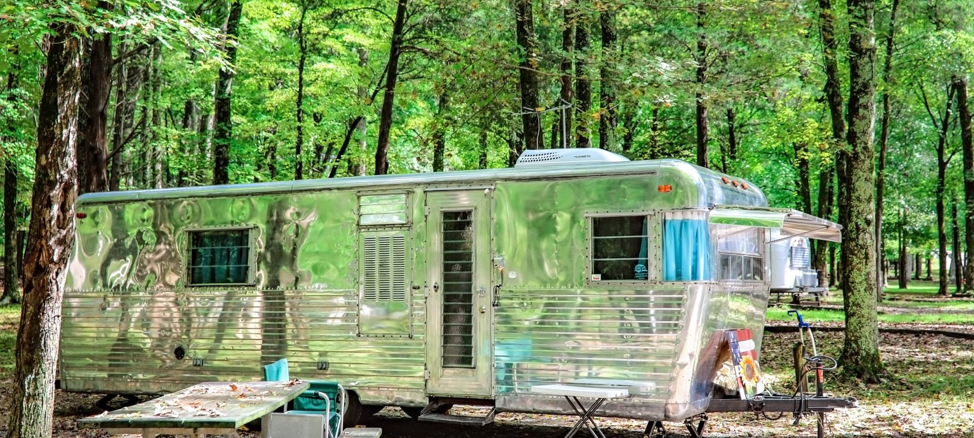 Vintage trailer parked in a lush, green forest campground.