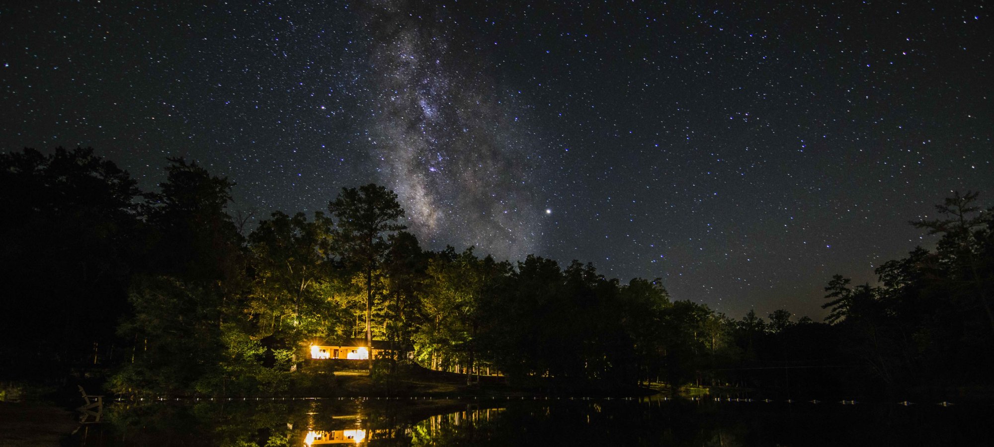 a campfire in the distance across a lake with the milky way in the night sky