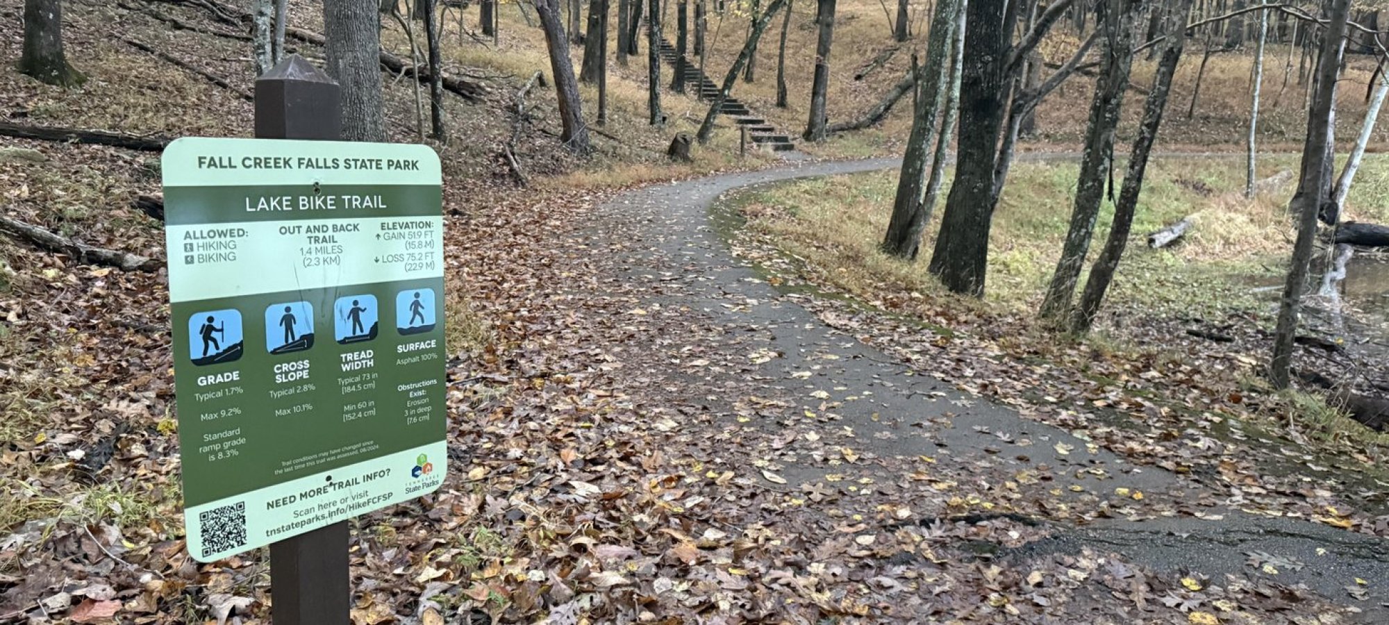 Signpost with trail map at a fork in a forested path during autumn.