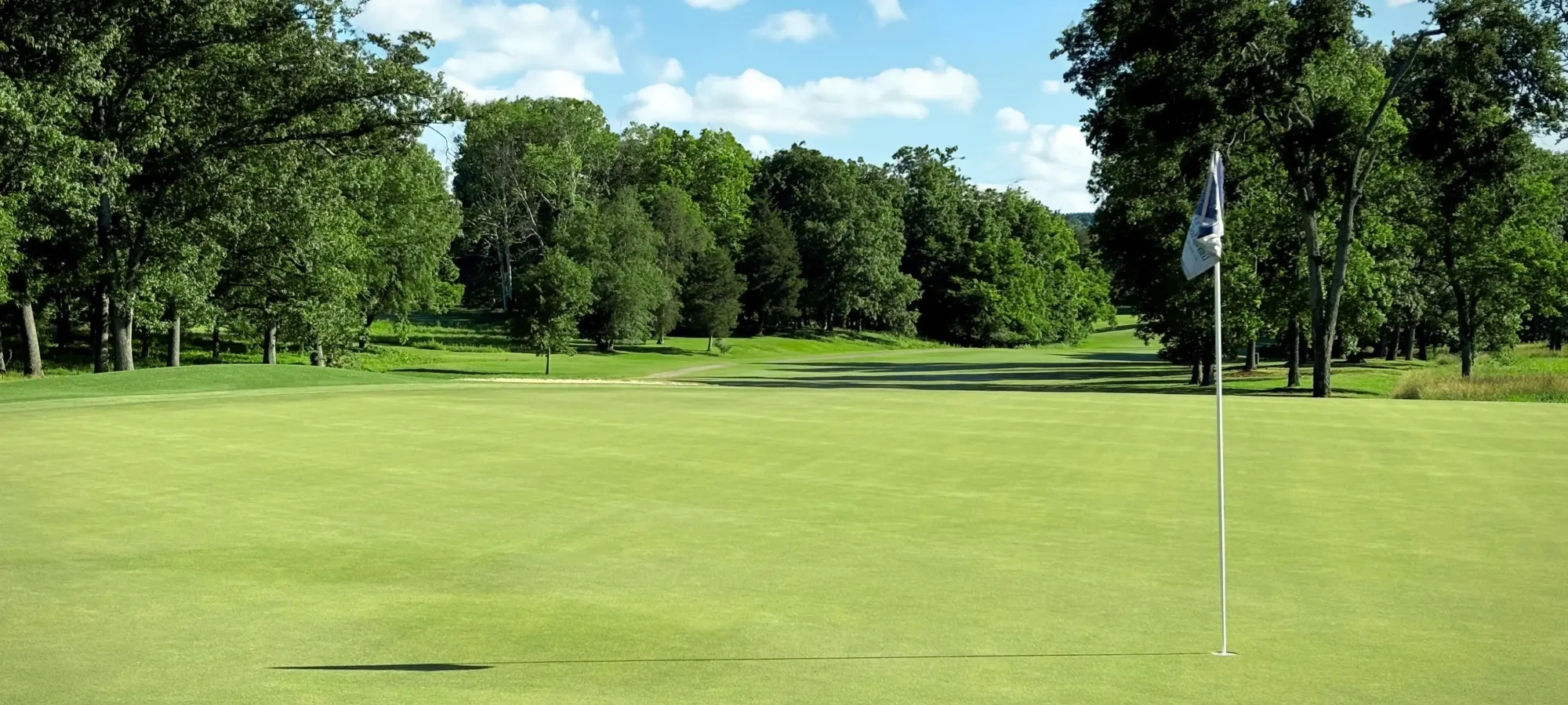 A hole on a golf course with a white flag surrounded by trees