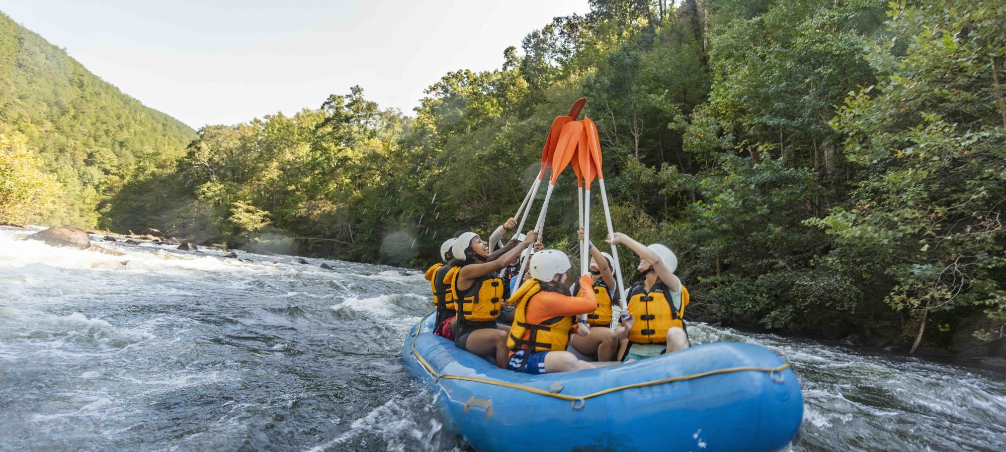 Group white water rafting on a river surrounded by forest.