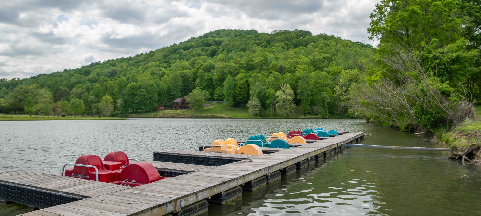 Colorful paddle boats on a dock with a serene background of indian mountain and greenery