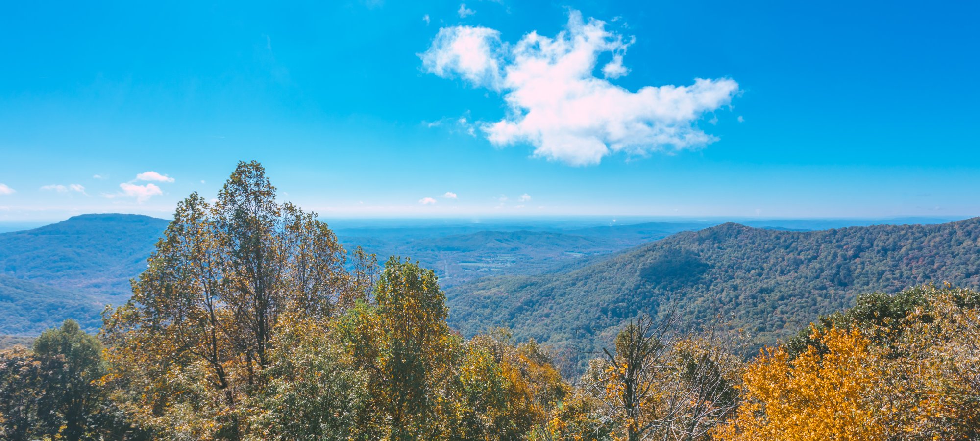 Expansive mountain view with autumn trees under a bright blue sky.