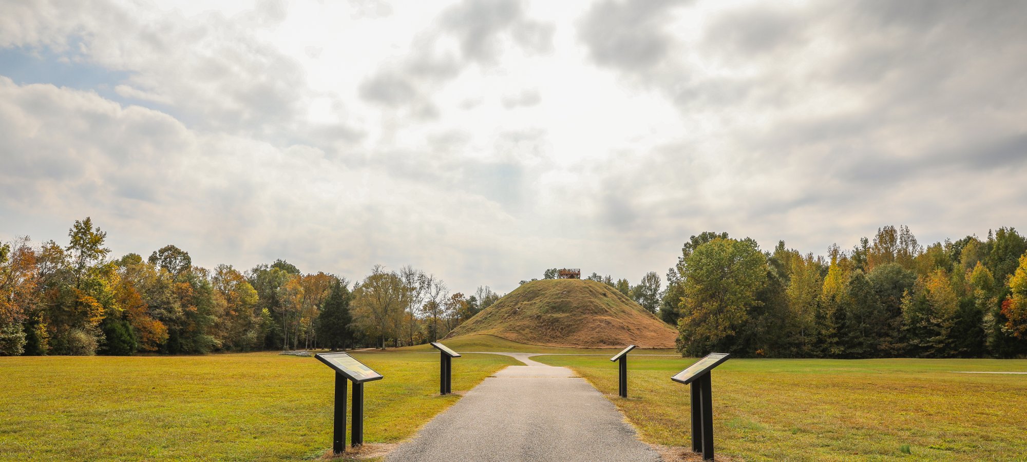 Path leading to a grassy mound, surrounded by autumn trees under a cloudy sky.