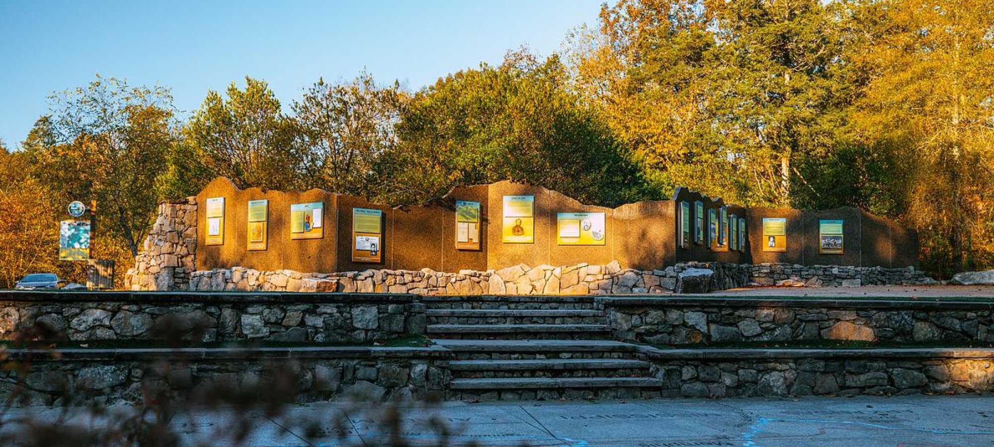 The memorial wall interpretive panels at Cherokee Trail of Tears State Park