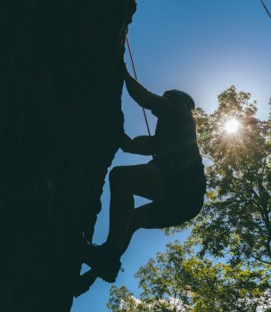Silhouette of a rock climber scaling a cliff with a bright sun and tree in the background, conveying determination and adventure.
