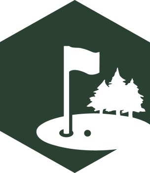 Illustration of a silhouette of a golf green with a flag, trees, and a golf ball within a green hexagon