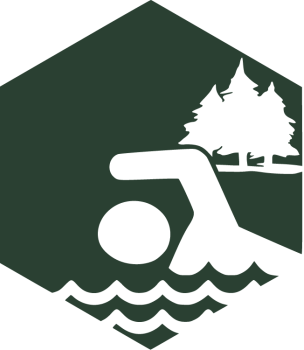 Illustration of a silhouette of a figure swimming with trees in the background within a green hexagon