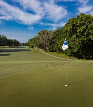 A golf course hole with a flag surrounded by lush green trees
