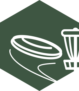 Disc flying towards a chain basket, stylized graphic.