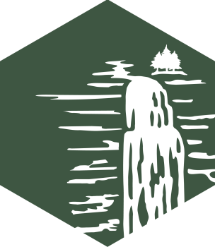 Hexagonal graphic with a waterfall and tree silhouette.