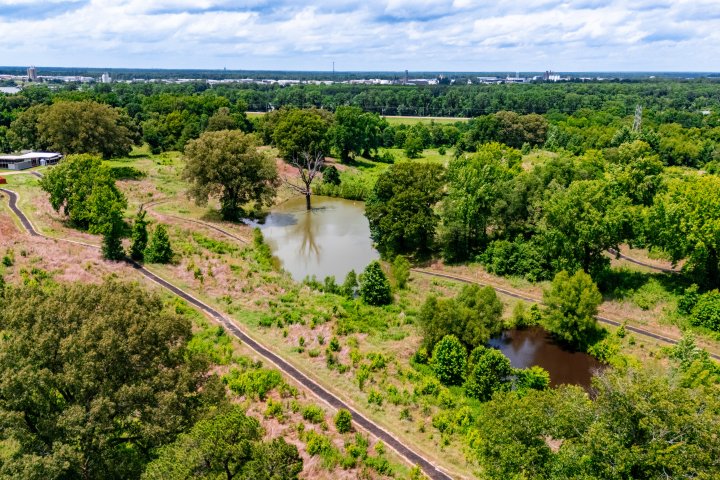 Aerial view of a lush park landscape with winding paths, two small ponds, and dense greenery. The scene is calm and expansive under a partly cloudy sky.