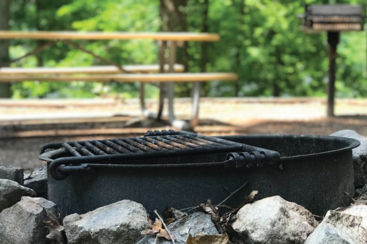 Outdoor grill surrounded by stones with picnic tables in background.