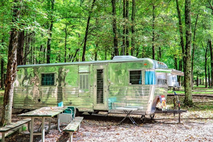 Vintage trailer parked in a lush, green forest campground.