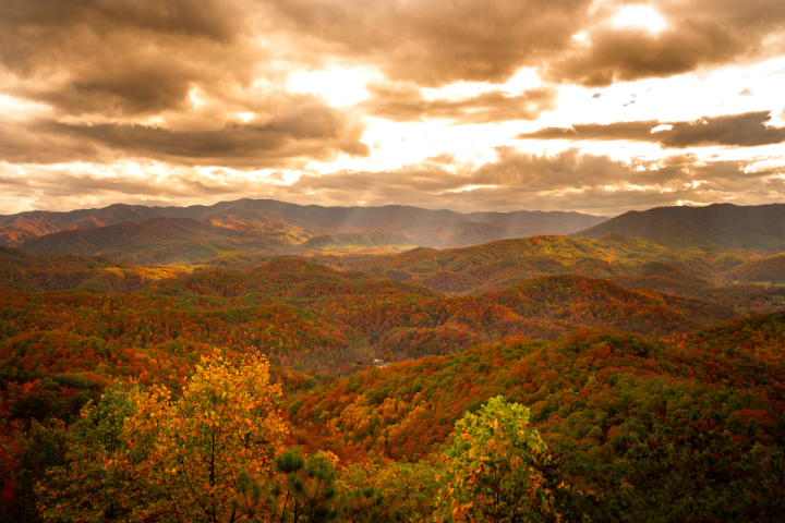 Autumn mountain landscape with rolling hills covered in vibrant fall foliage under a dramatic, cloud-filled sky.