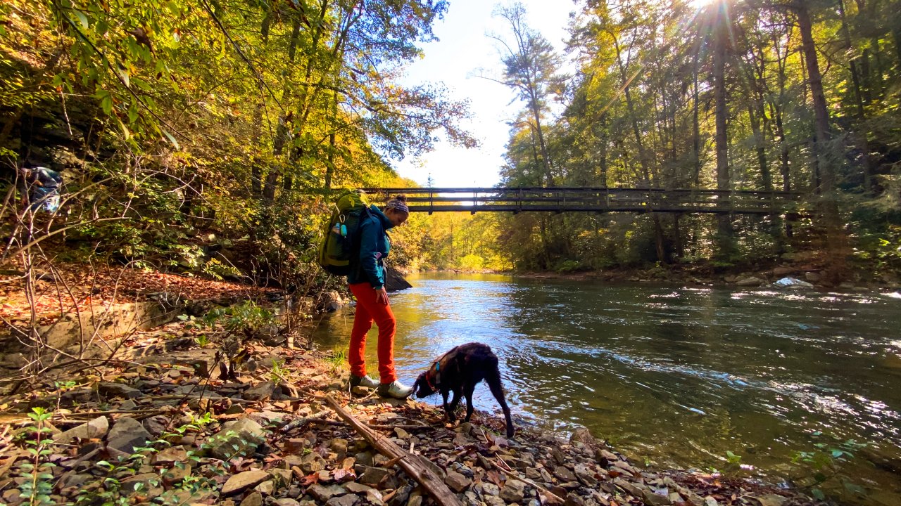 woman hiking with her dog standing by the riverside with the bridge crossing in the background