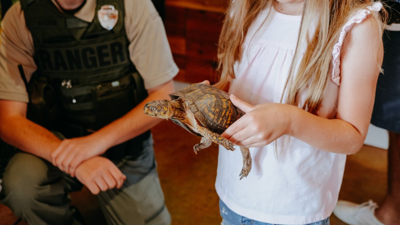 A young girl in a white shirt holds a small tortoise carefully in her hands. A park ranger, kneeling beside her, watches with a smile.