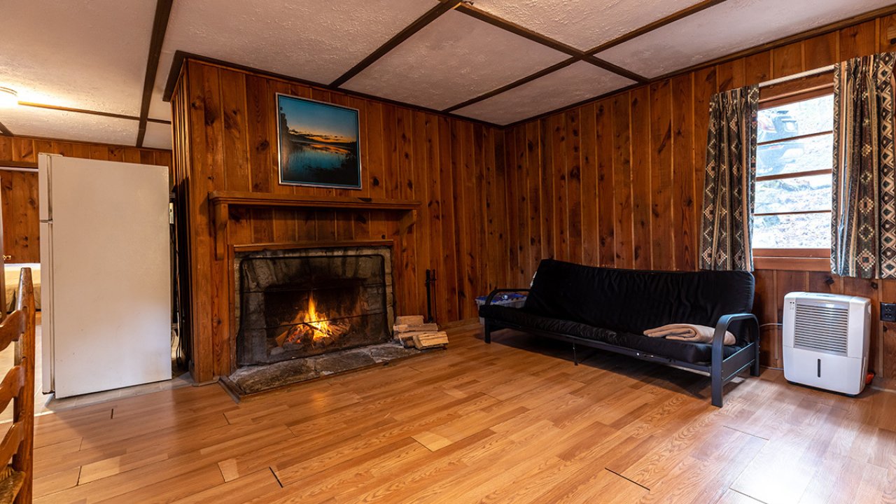 Living room inside a cabin with a fireplace and a black sofa