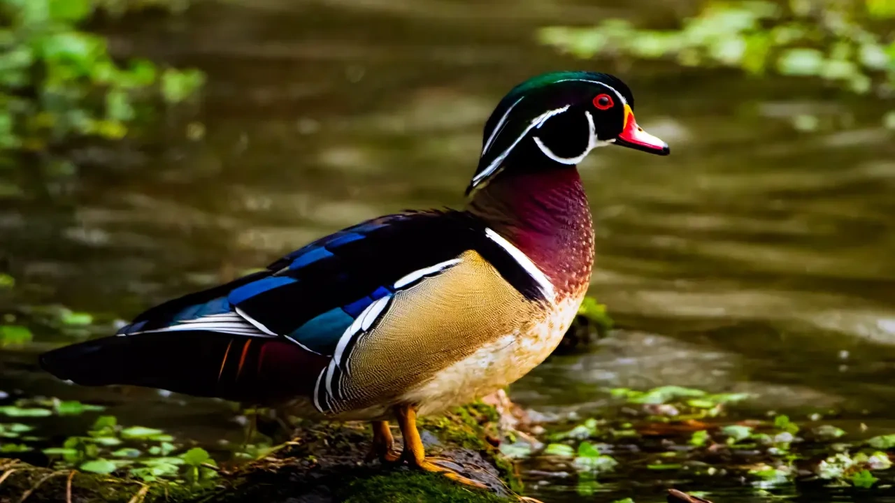 Colorful wood duck standing on a mossy log in a pond.