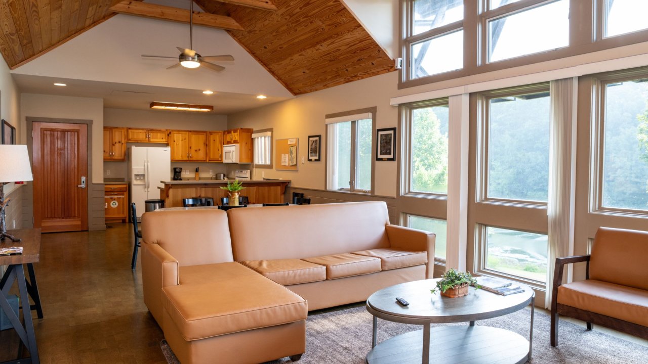 interior of large cabin with windows