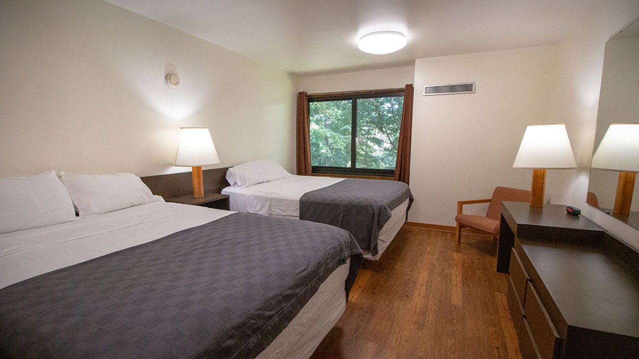 two queen sized bed with one window and lamps