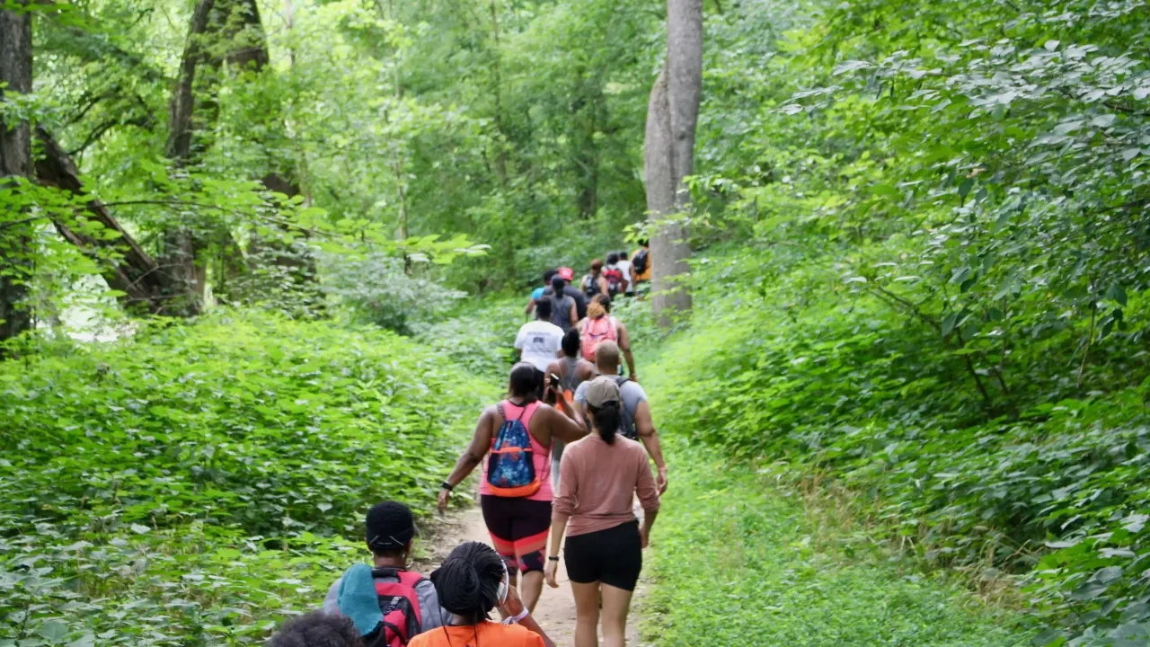 A group of people hike along a lush, narrow forest trail surrounded by vibrant green foliage. The scene conveys a sense of adventure and camaraderie.