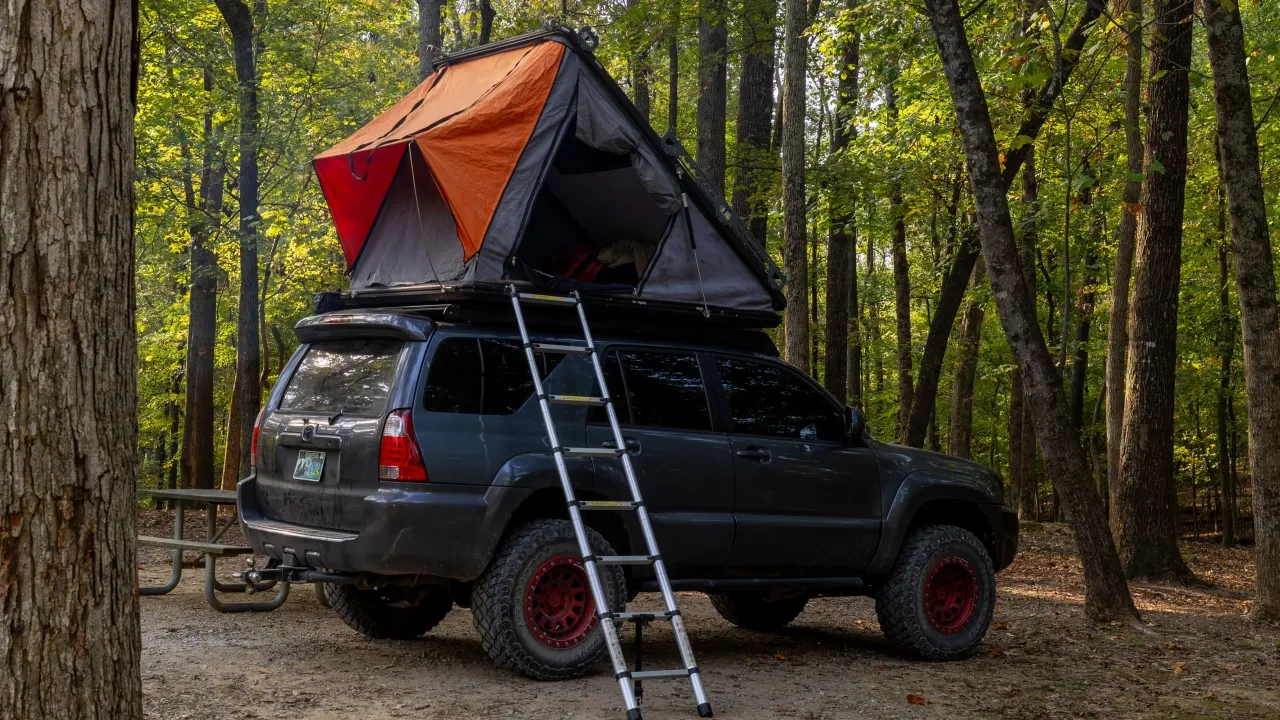 Blue vehicle parked in a forest with a ladder leading to a tent that's on top