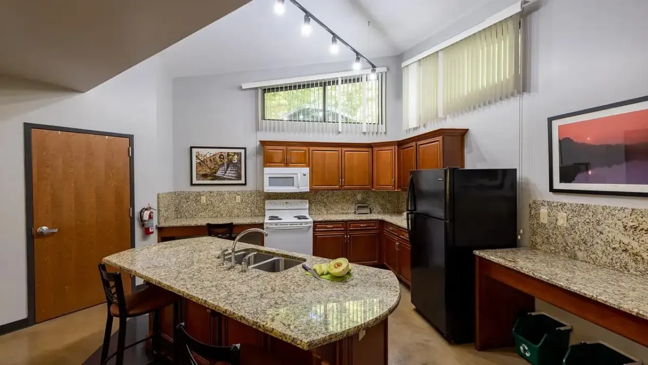 Modern kitchen with granite countertops, wooden cabinets, and a black fridge.