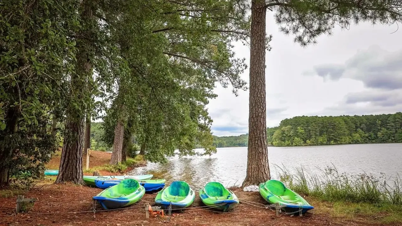Two kayaks pulled up on the grassy shore near the lake.