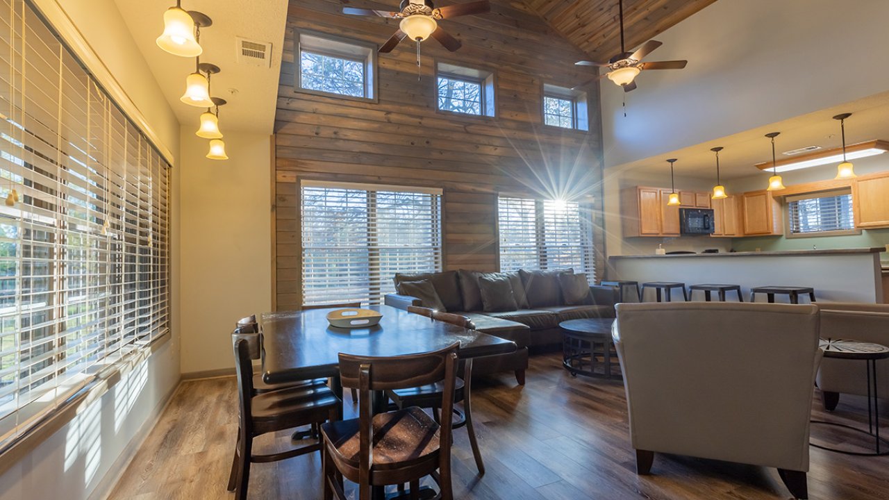 cabin living room with dining, kitchen and living room, comfy family style