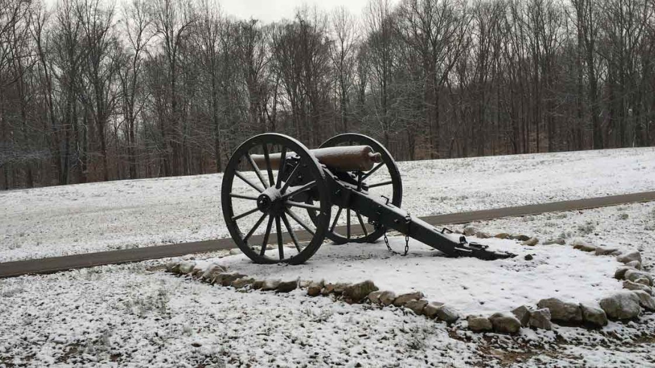 Old cannon in snowy field with bare trees in background.