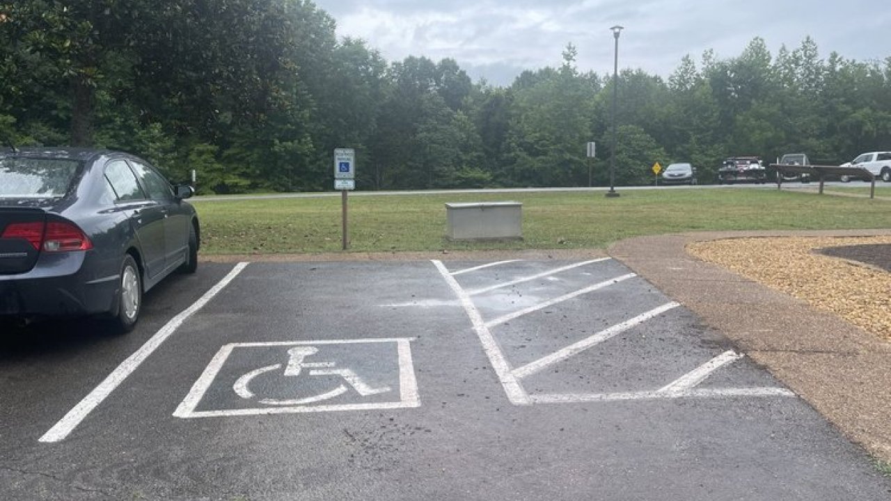 Empty handicapped parking space in a park area with trees in the background.