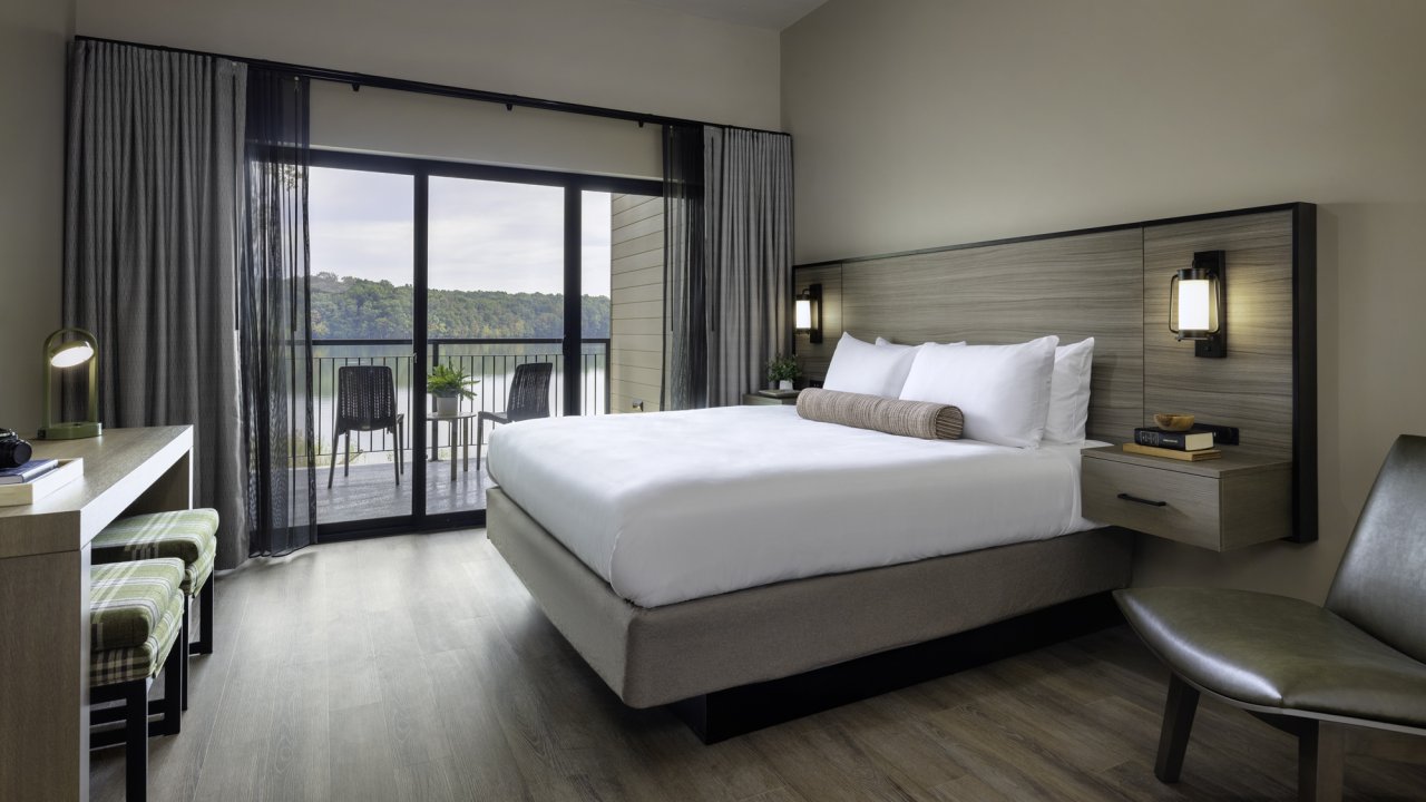 A king sized room overlooking the lake