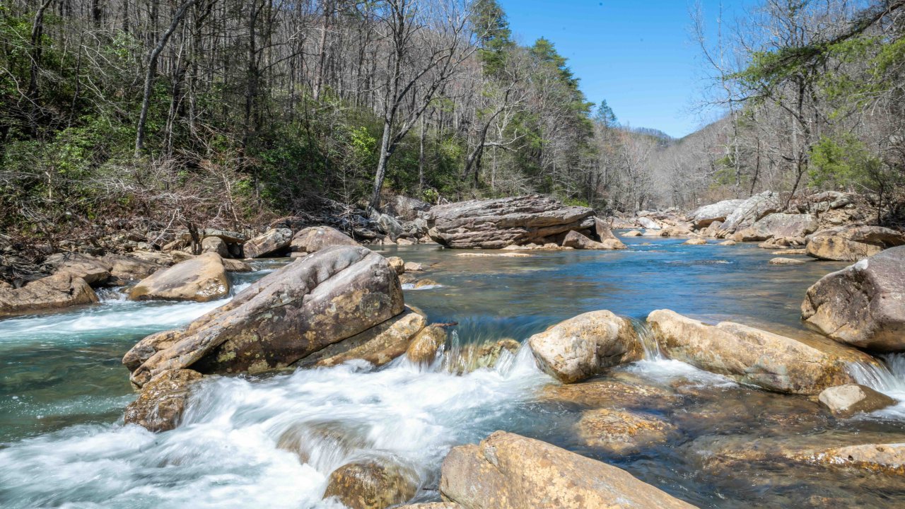River flowing through rocky terrain with trees under clear blue sky