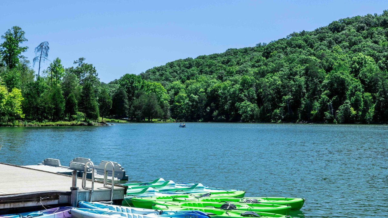 Row of colorful kayaks docked on a serene lake with forested hills.