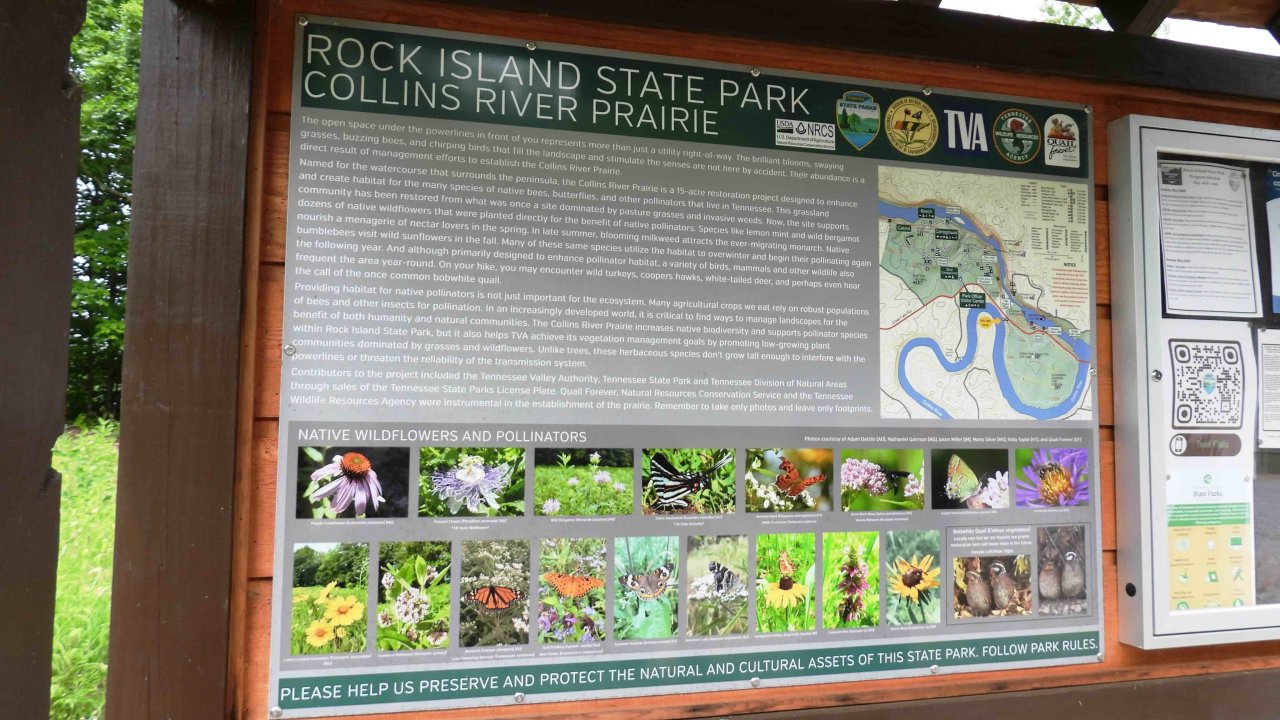 Information board at Rock Island State Park with map and flower images.