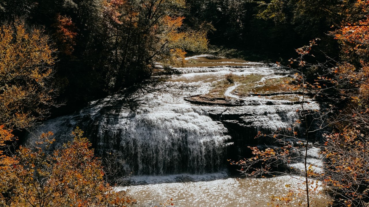 Autumn trees surrounding a tiered waterfall in a forest.