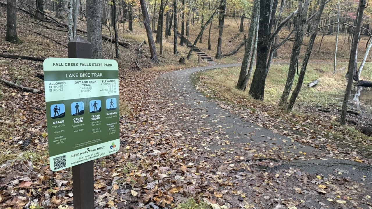 Signpost with trail map at a fork in a forested path during autumn.