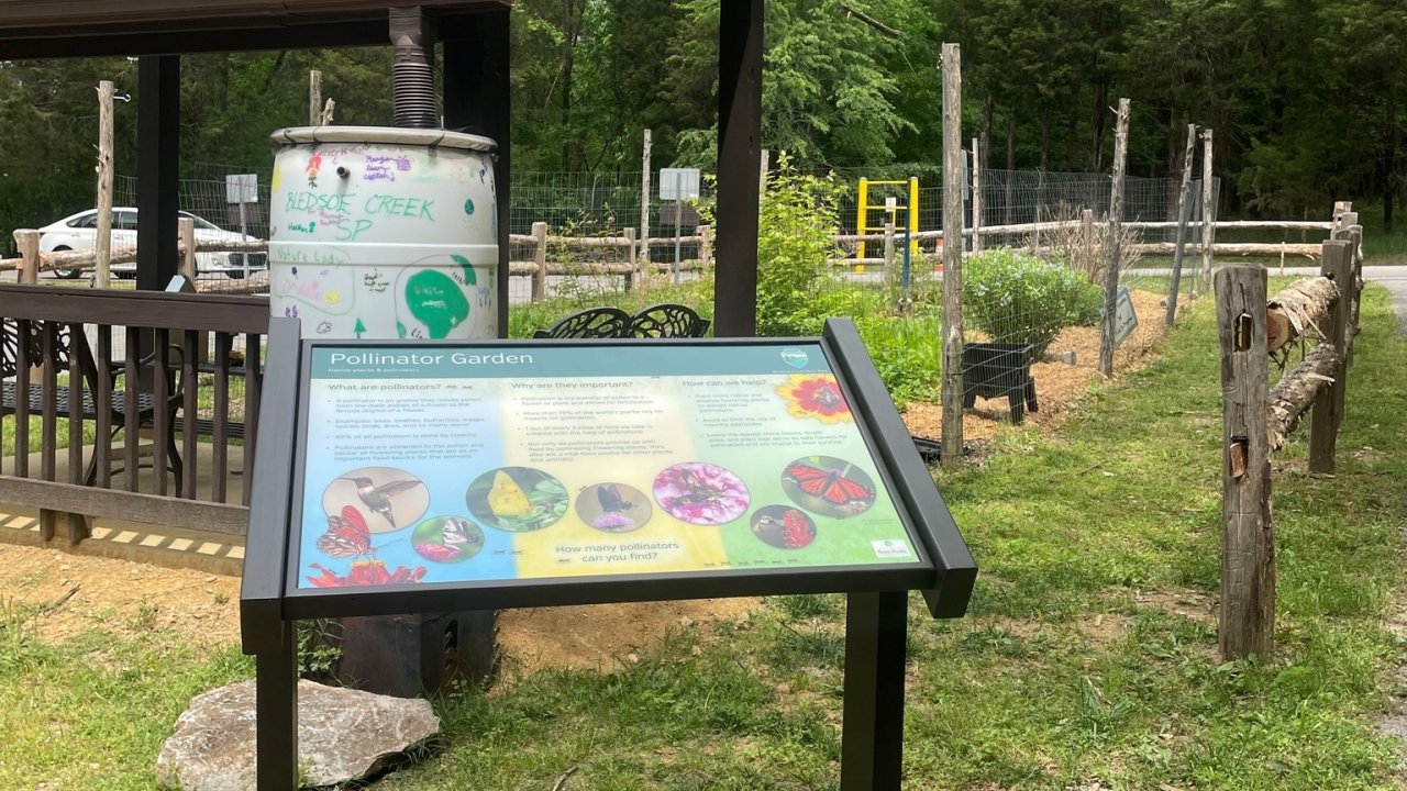 Outdoor scene with an informational sign at a garden