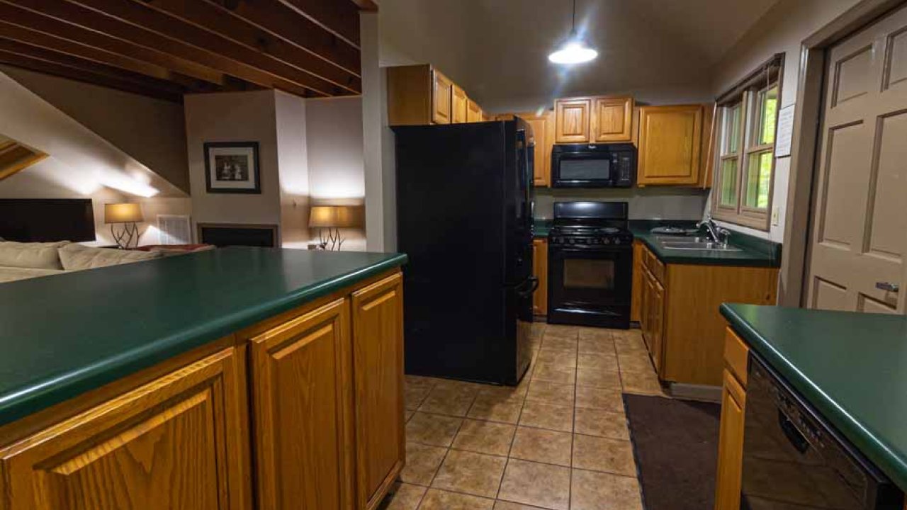 Cozy kitchen interior with green cabinets and black appliances.