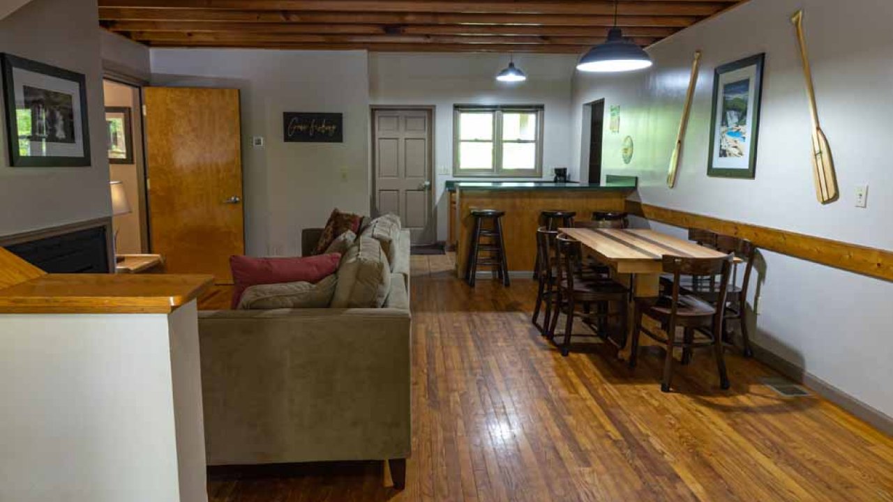 Cozy, well-lit living room with wooden floors and a dining area.