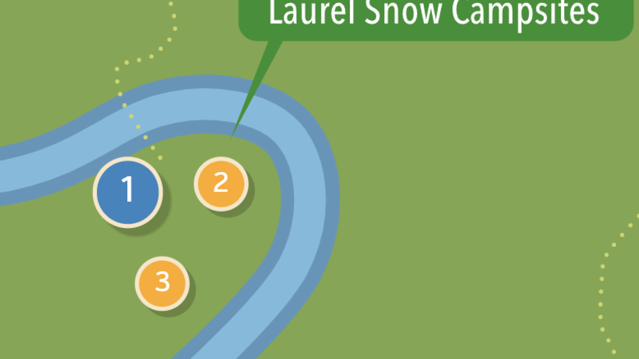 Map highlighting Laurel Snow Campsites near Morgan Creek and Snow Falls Trail.