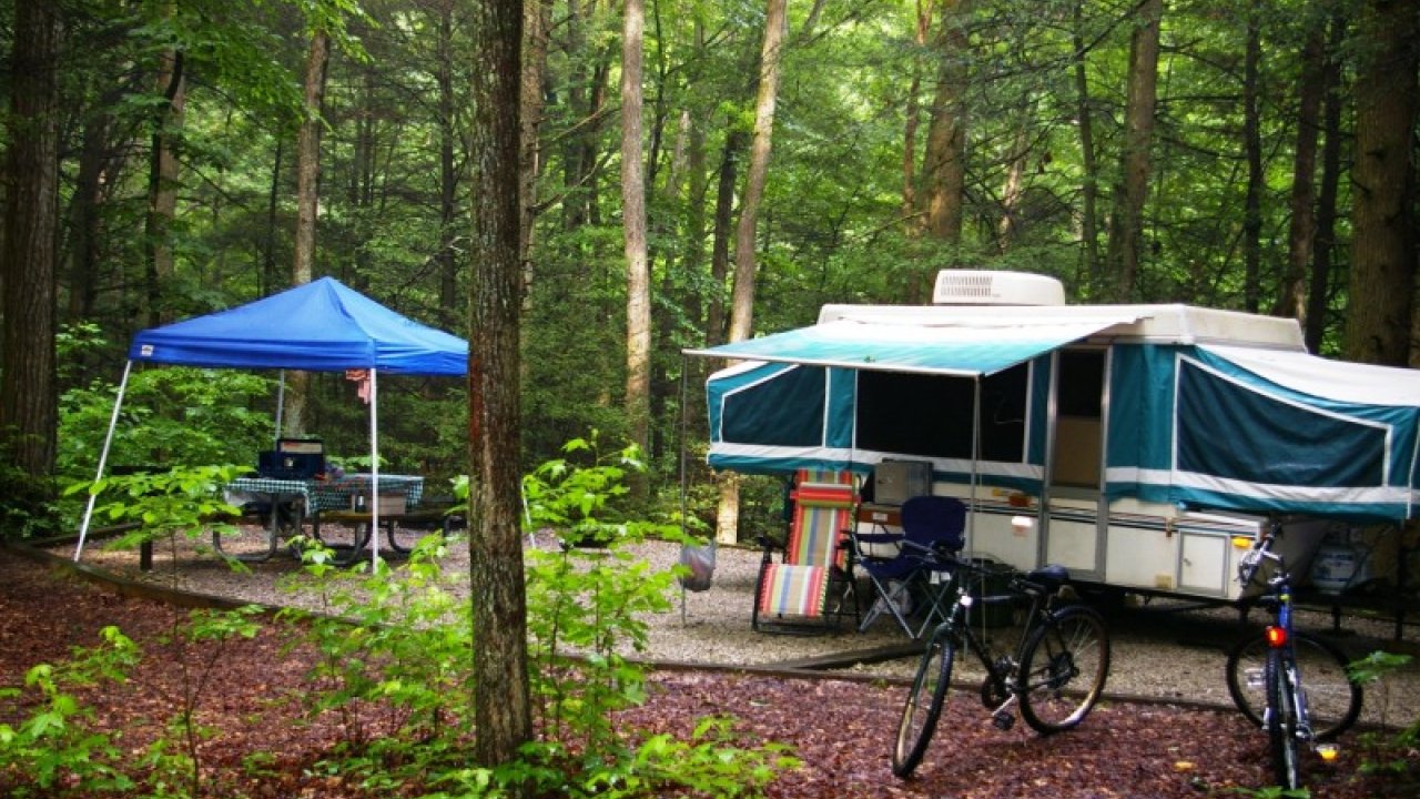 Camper and bikes in a wooded campsite with a blue canopy tent.