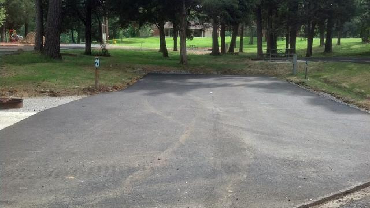 Paved driveway surrounded by trees and grass.