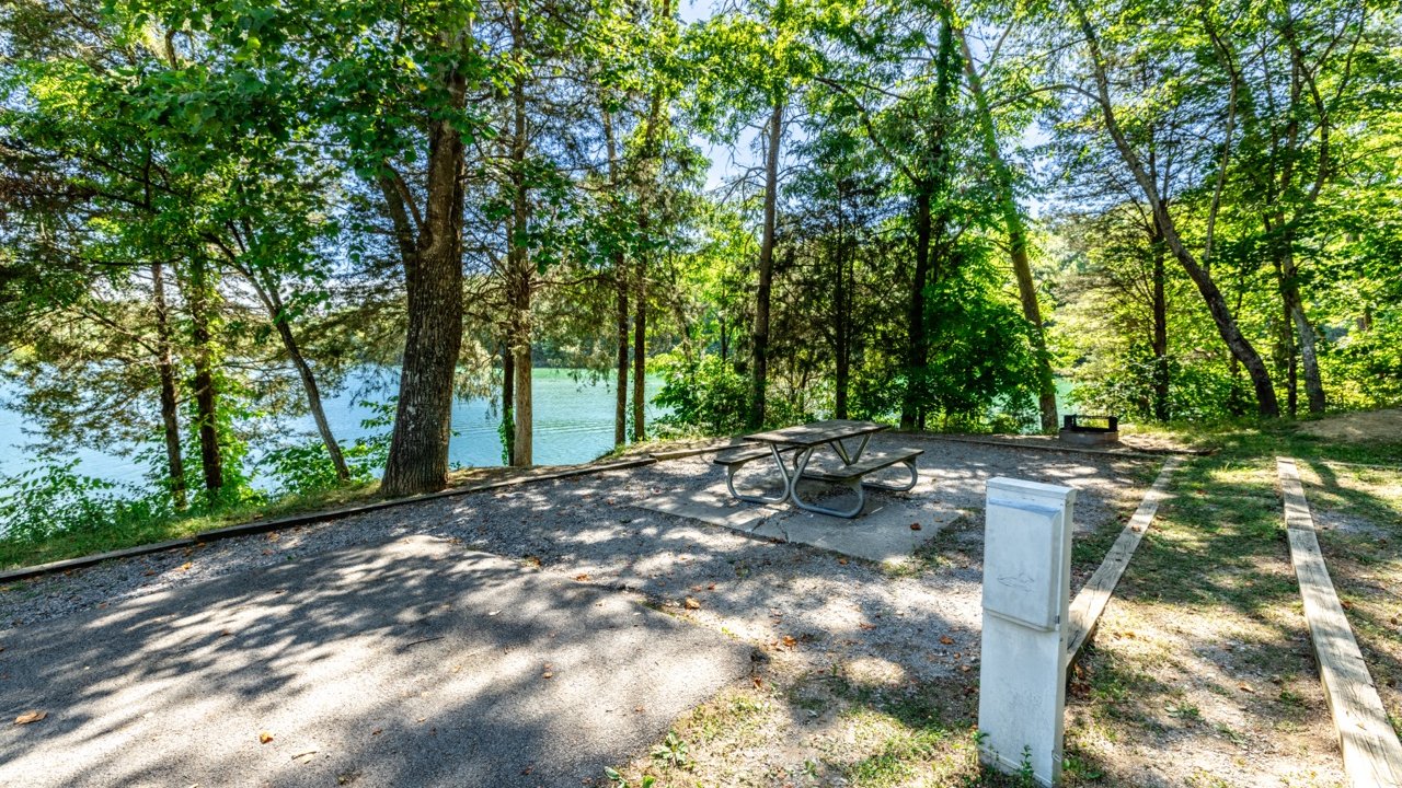 A serene RV campsite by a lake, surrounded by tall trees and greenery. A picnic table sits on gravel, with a peaceful water view nearby