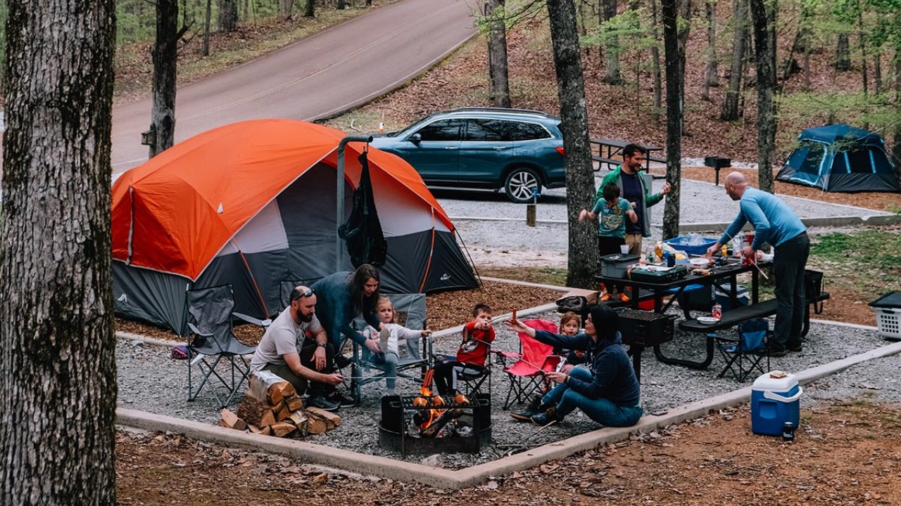 Families enjoying a campsite with a tent and firepit in a forest setting.
