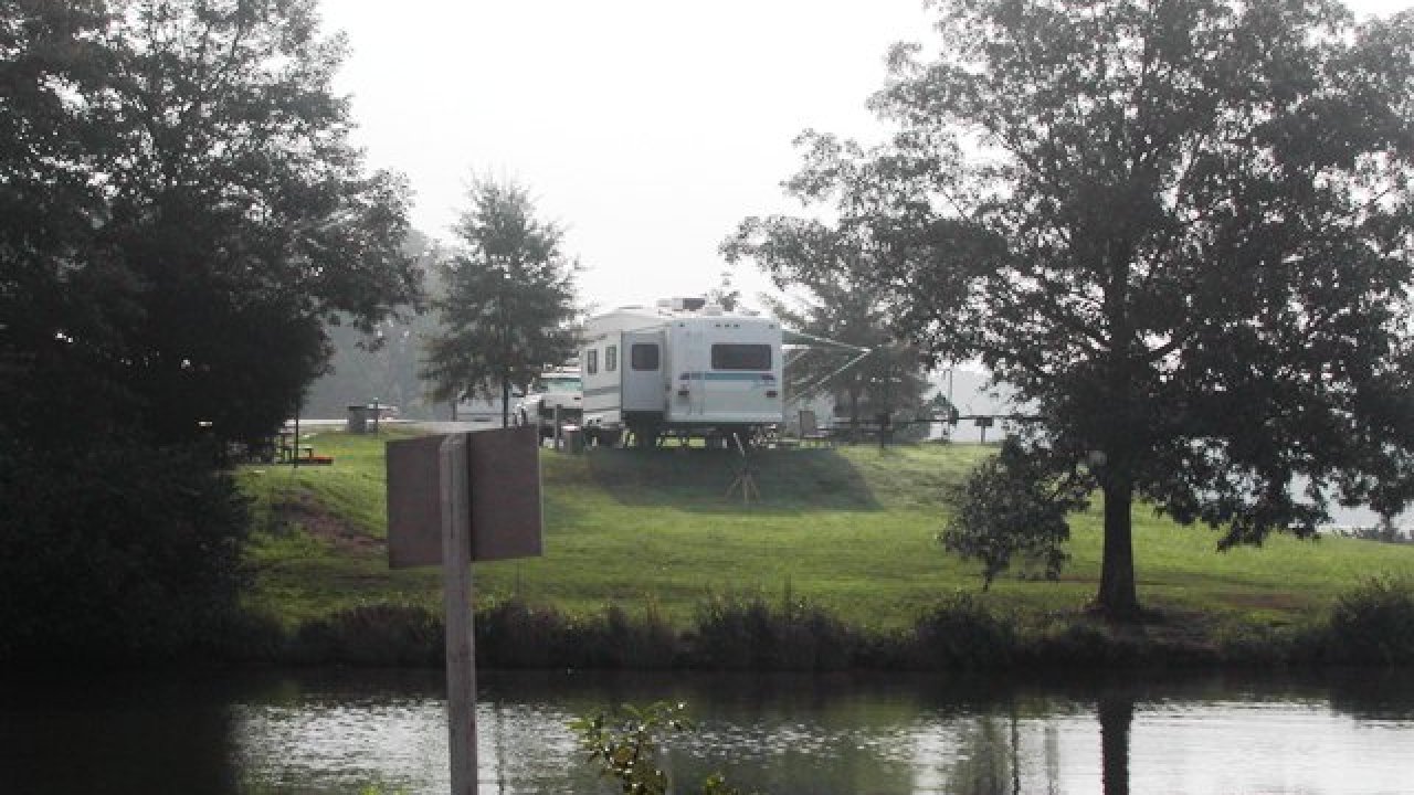 RV parked near trees by a serene lake.